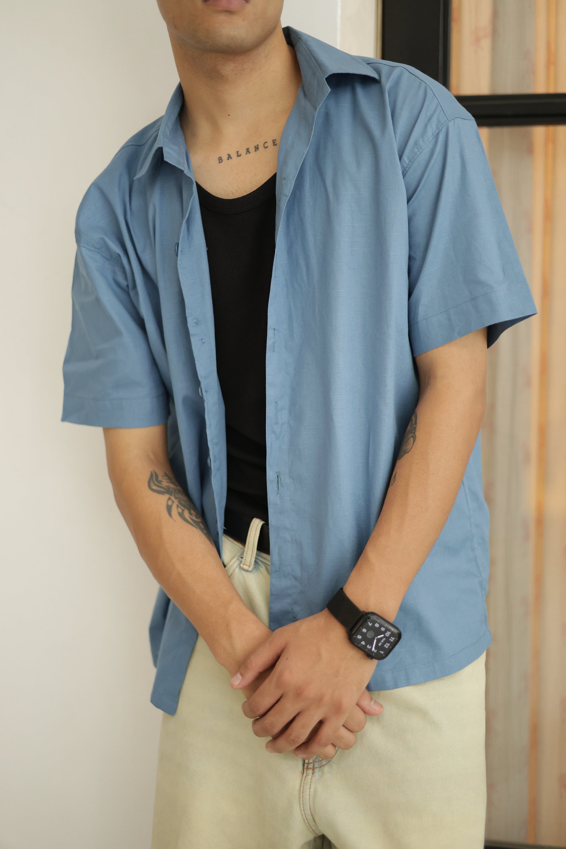 Turquoise Blue Cropped Linen Shirt