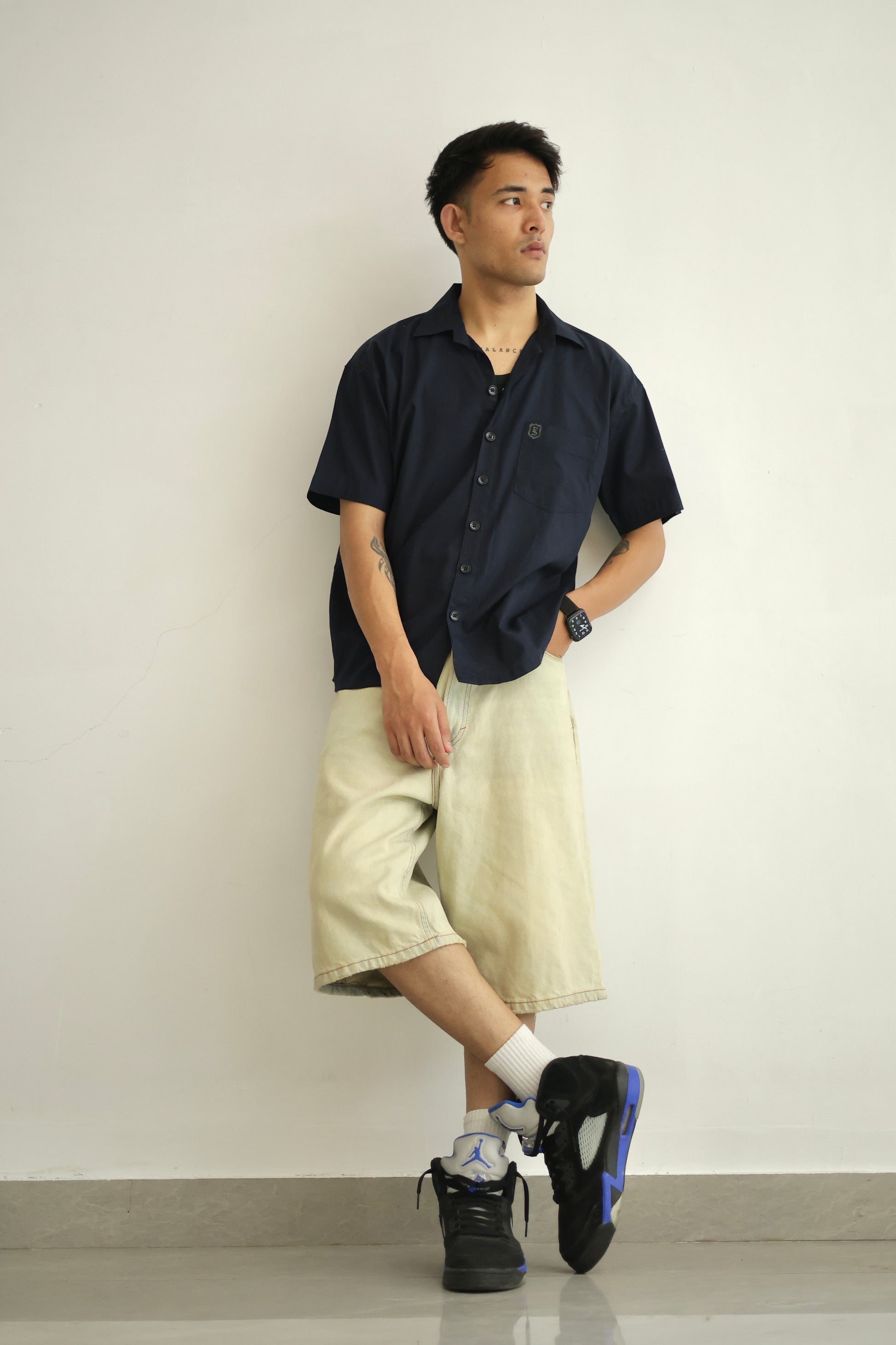 Navy Blue Cropped Linen Shirt