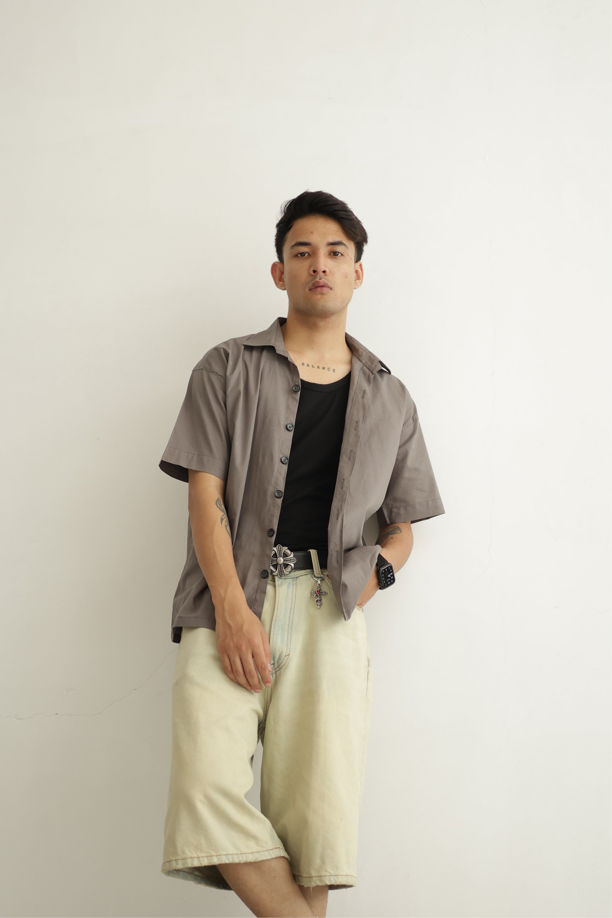 Grey Cropped Linen Shirt