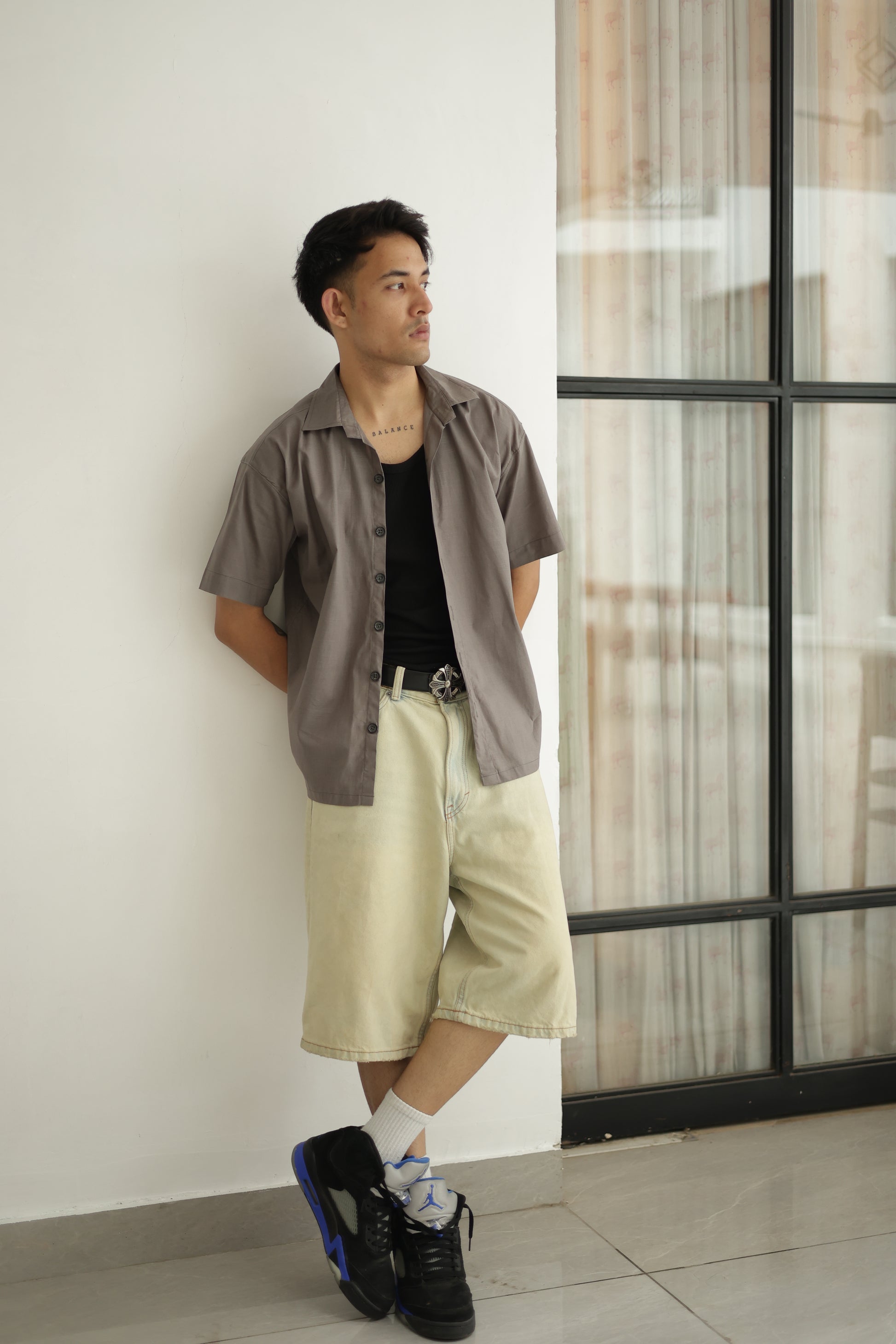 Grey Cropped Linen Shirt