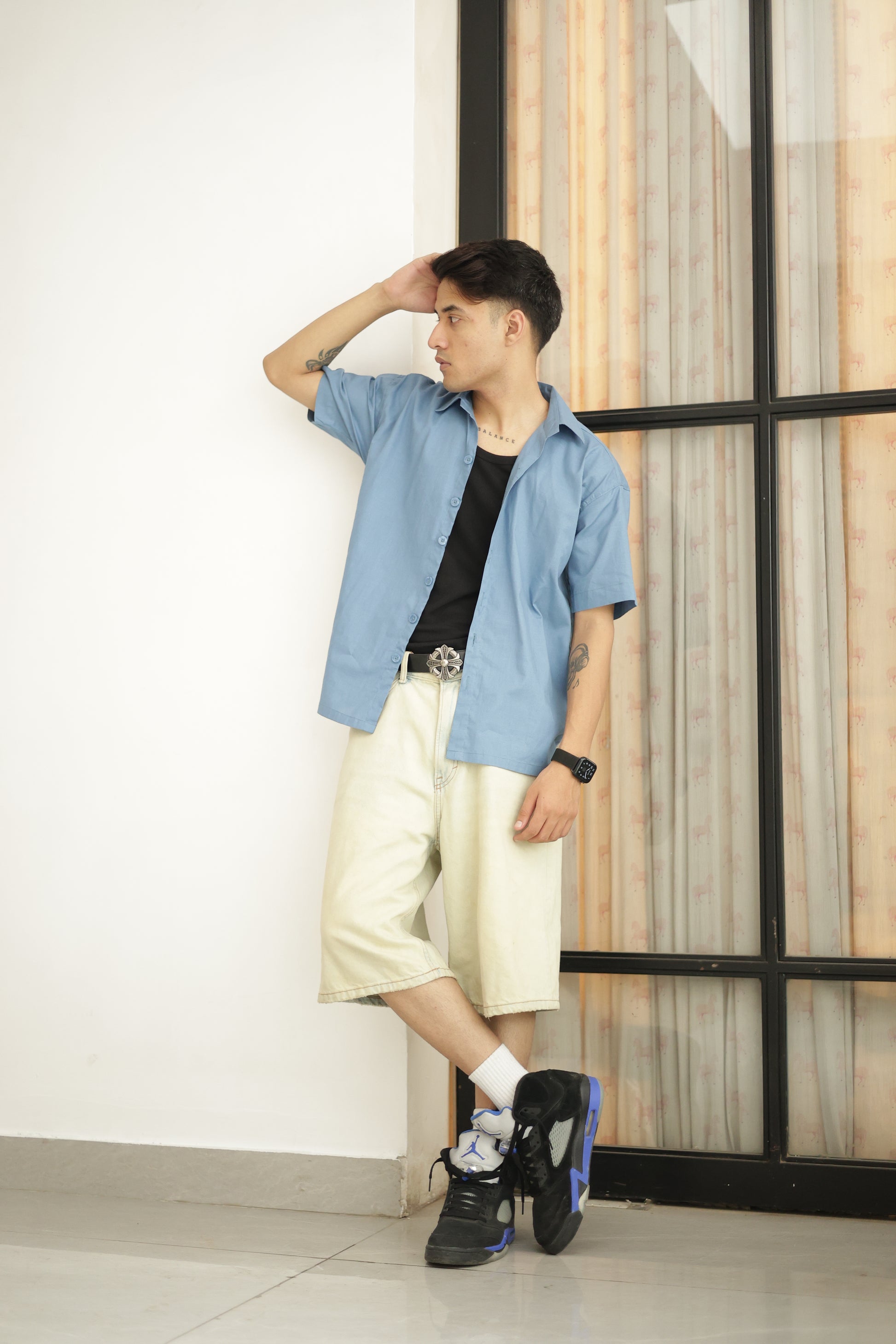 Turquoise Blue Cropped Linen Shirt