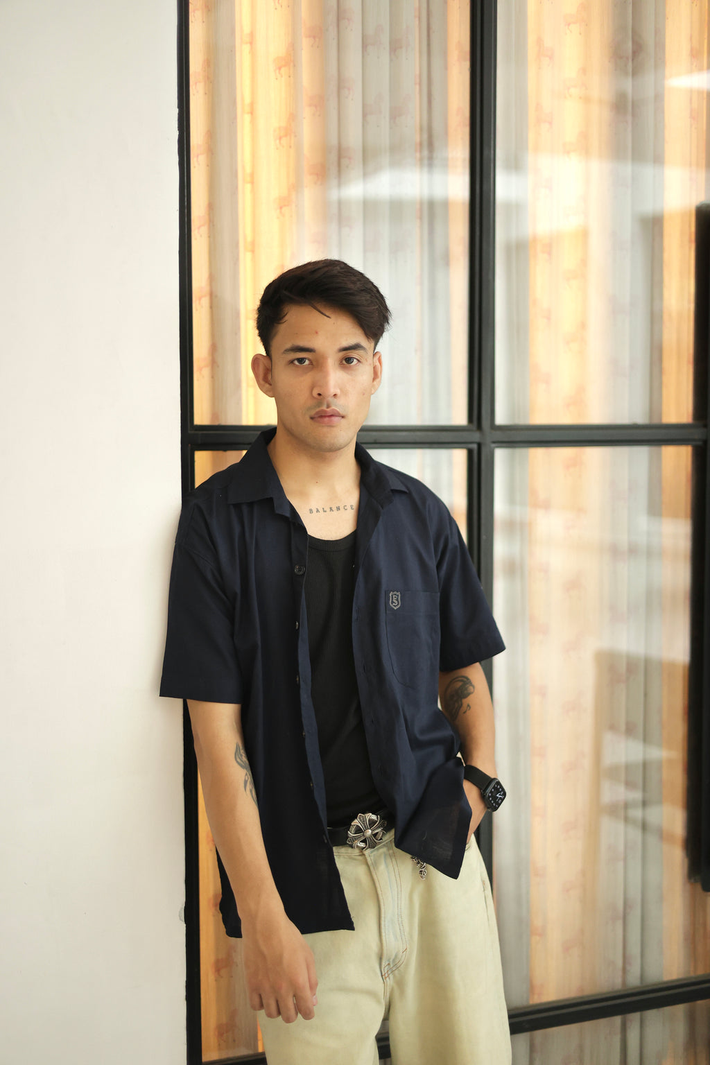 Navy Blue Cropped Linen Shirt