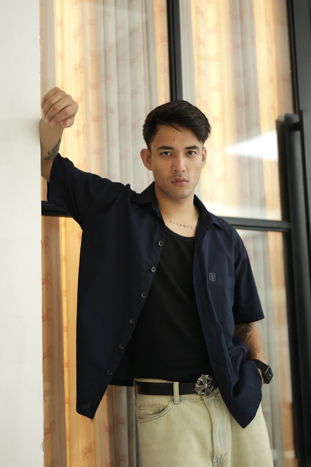 Navy Blue Cropped Linen Shirt