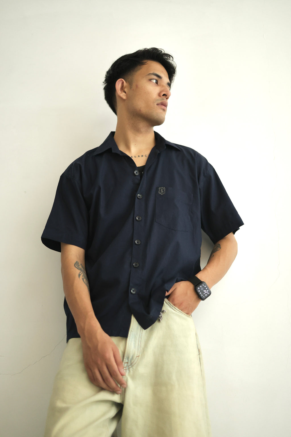 Navy Blue Cropped Linen Shirt