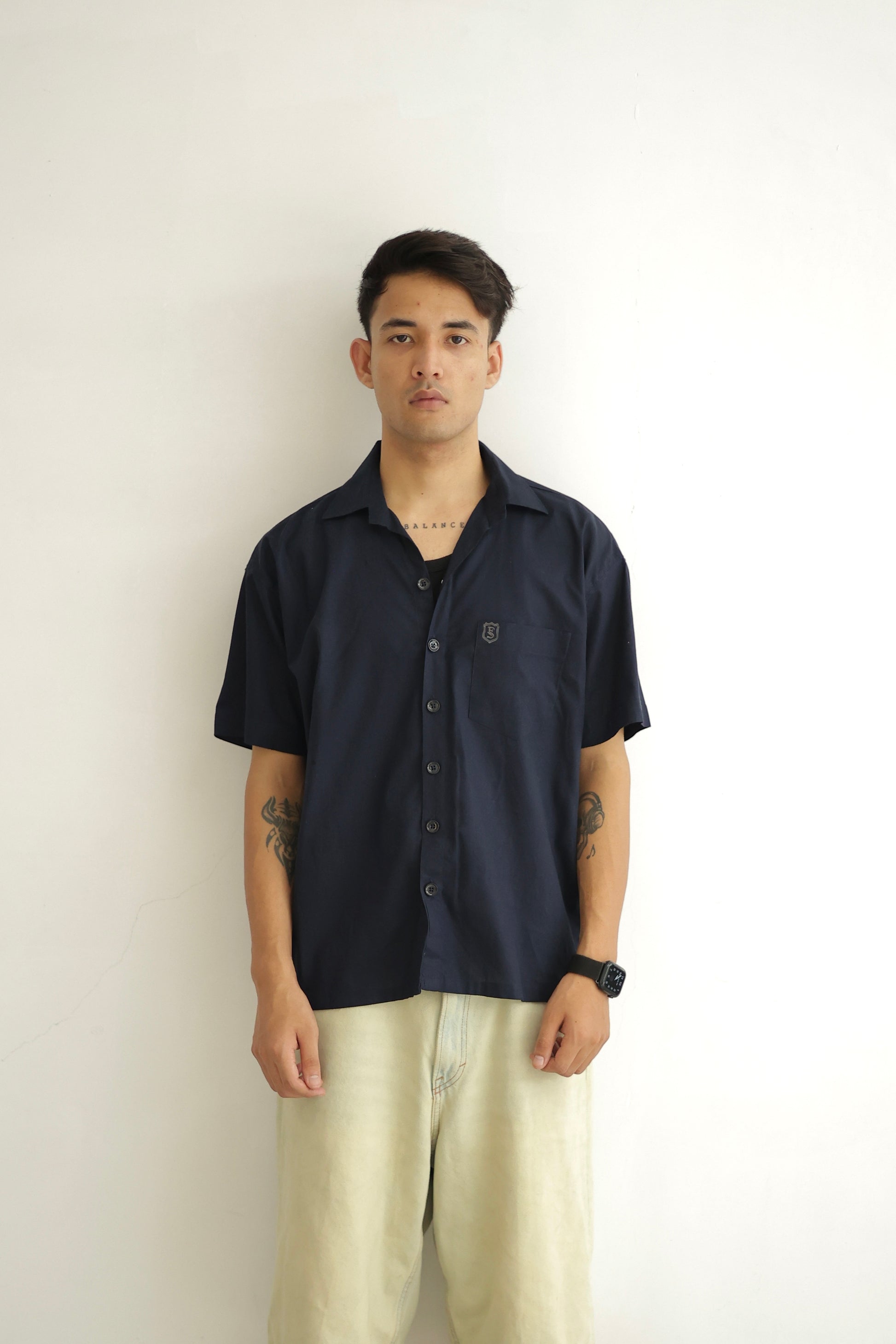 Navy Blue Cropped Linen Shirt