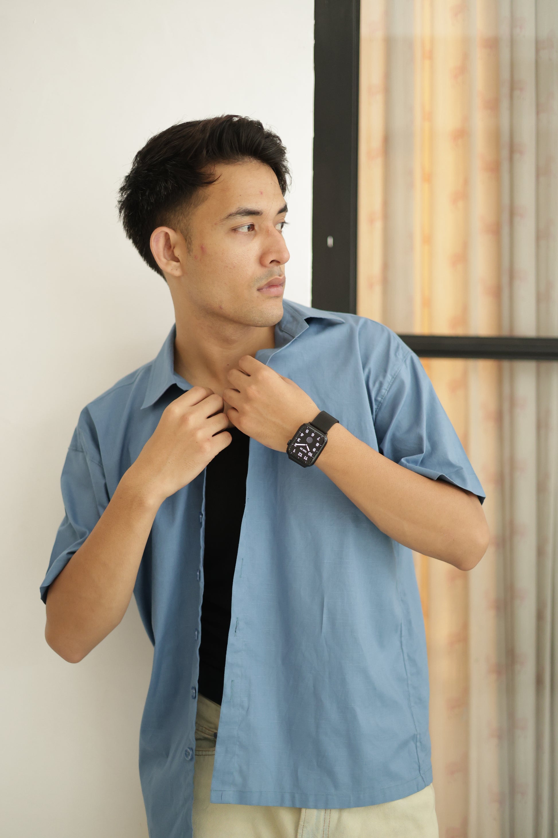 Turquoise Blue Cropped Linen Shirt