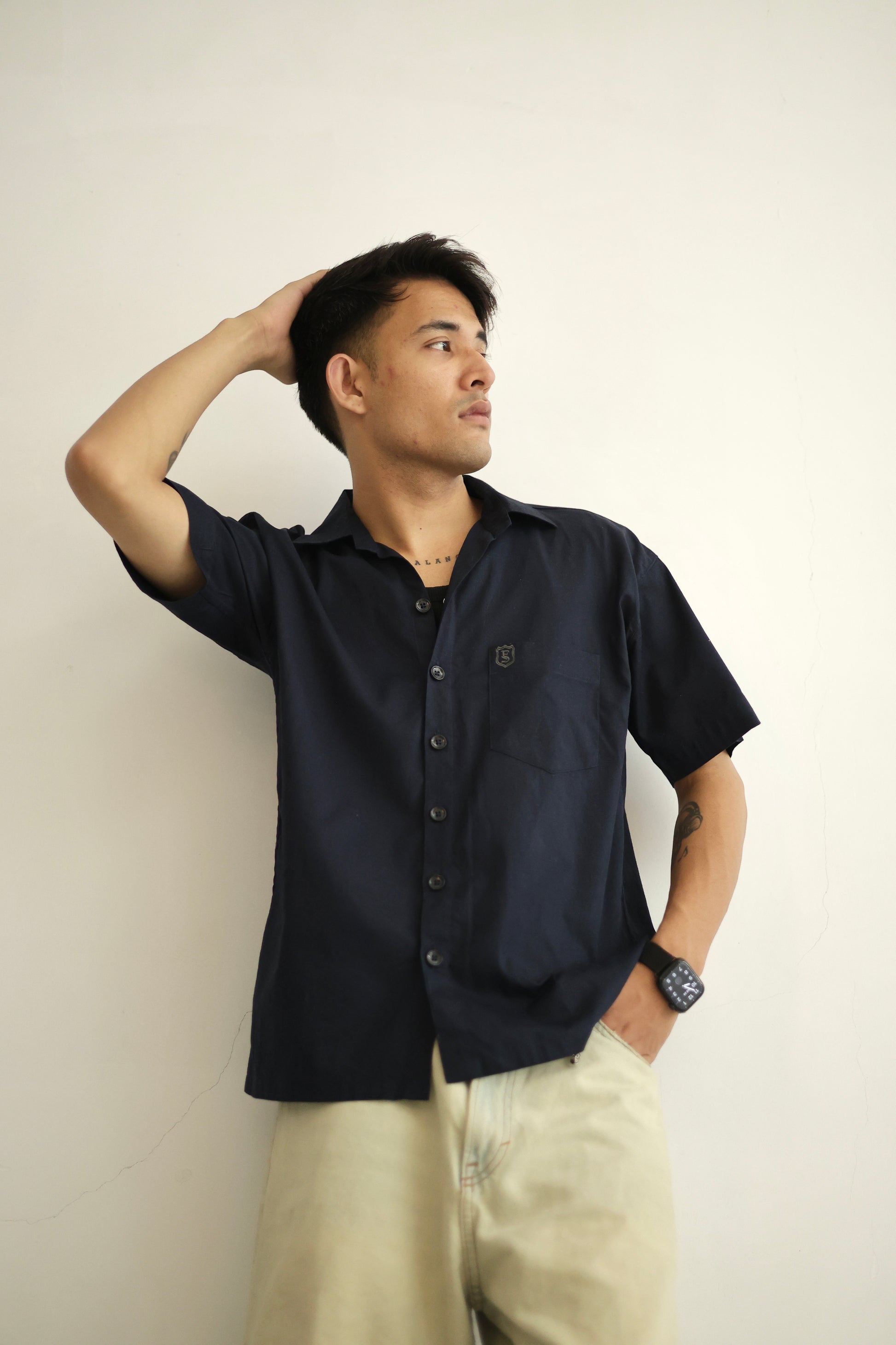 Navy Blue Cropped Linen Shirt