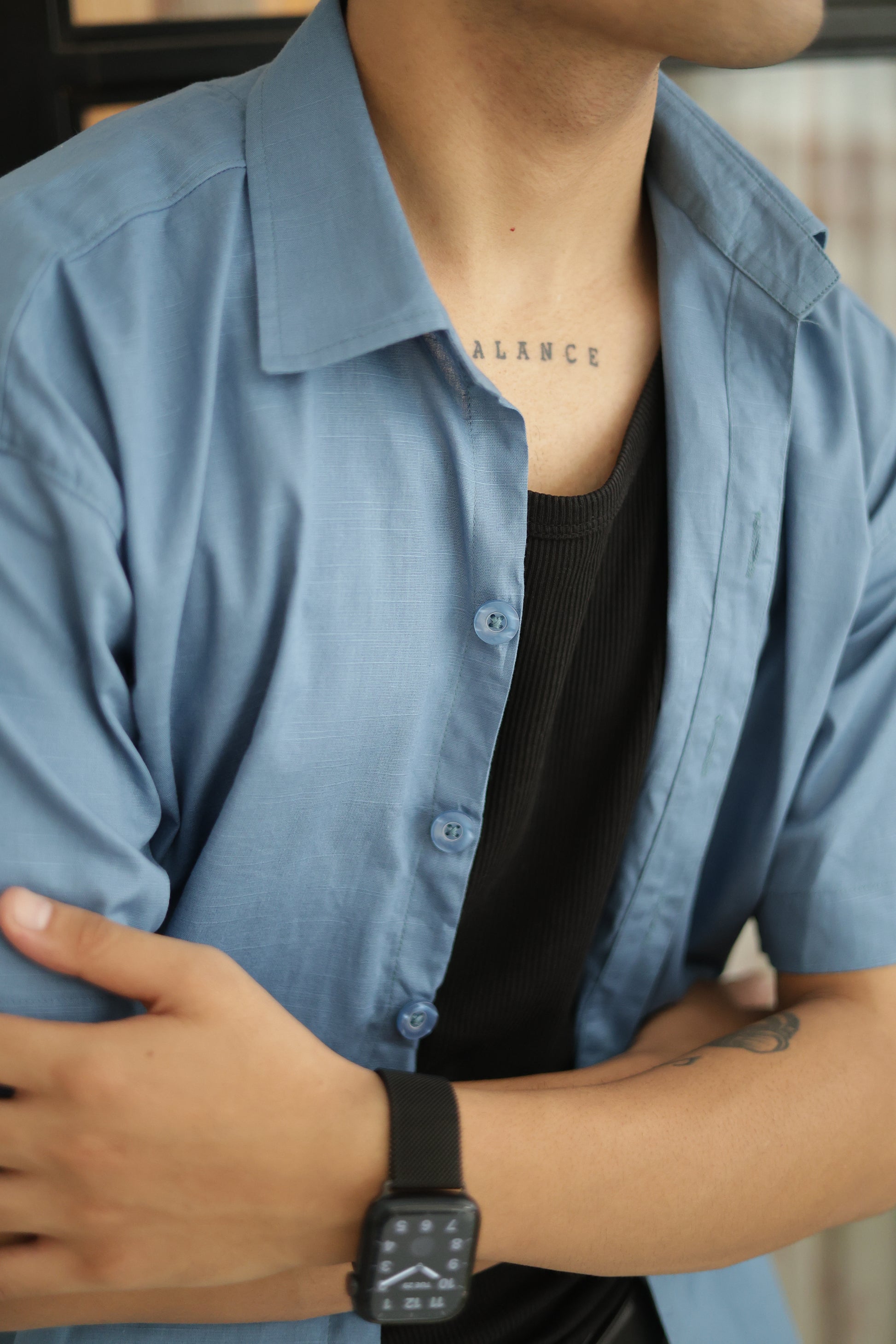 Turquoise Blue Cropped Linen Shirt
