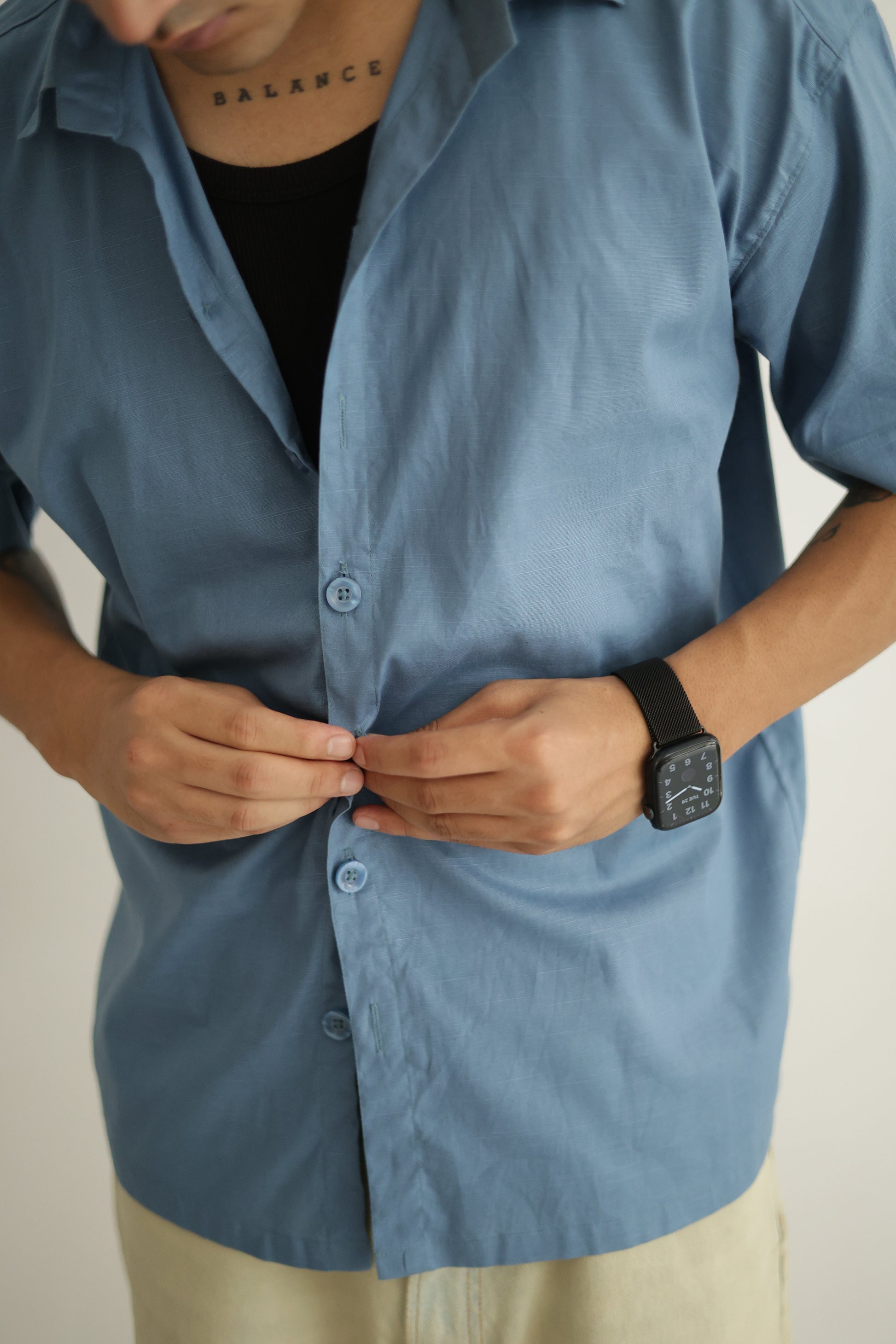 Turquoise Blue Cropped Linen Shirt